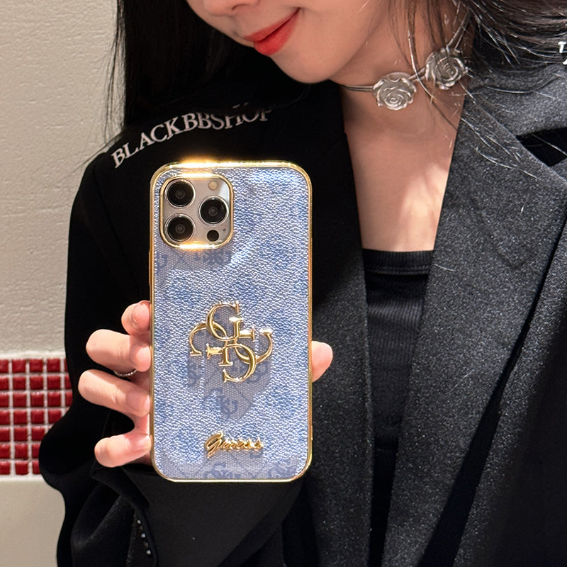 Capa de couro com logotipo dourado Gue para iPhone