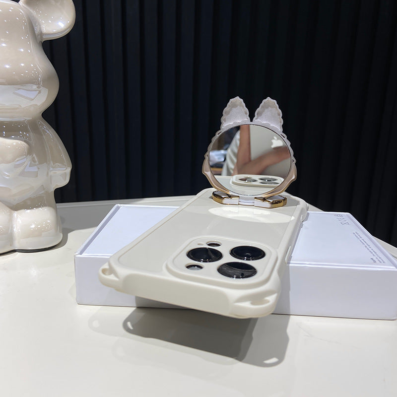 Labubu spiegelstandaard iPhone-hoesje met harde schaal – draaibare spiegel | Schokbestendig ontwerp