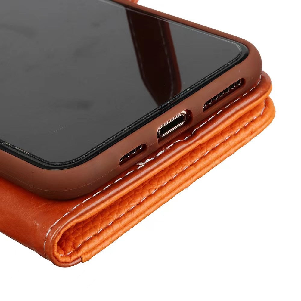 《🧡 Étui de téléphone en cuir Orange Litchi | Design portefeuille