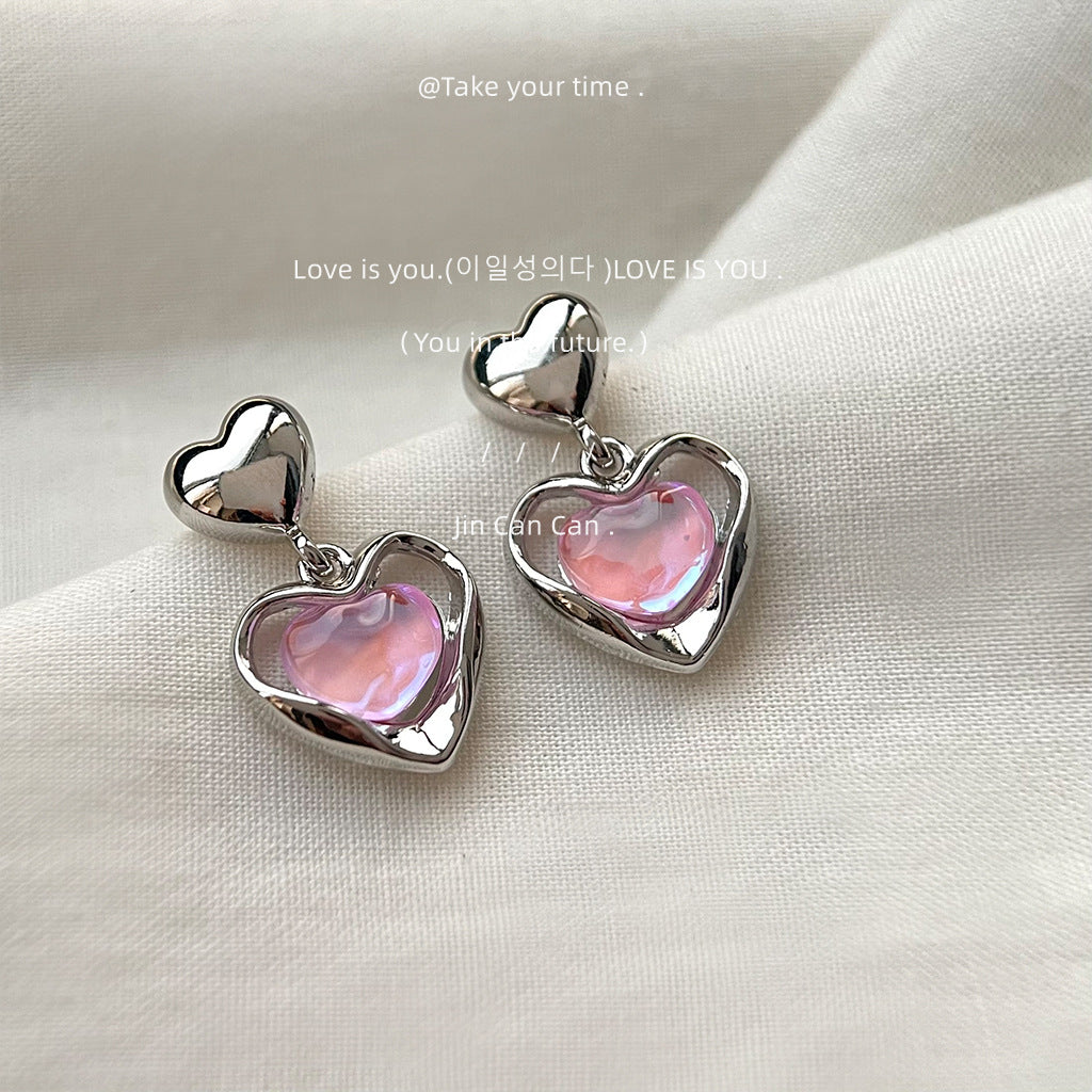 Iridescent Pink Heart Drop Earrings – French Sweet Chic with Edgy Twist accessories