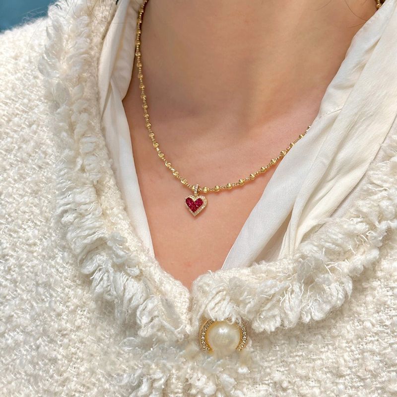 French Luxe Red Heart Pendant Necklace – Dainty Glamour with Full Rhinestones accessories