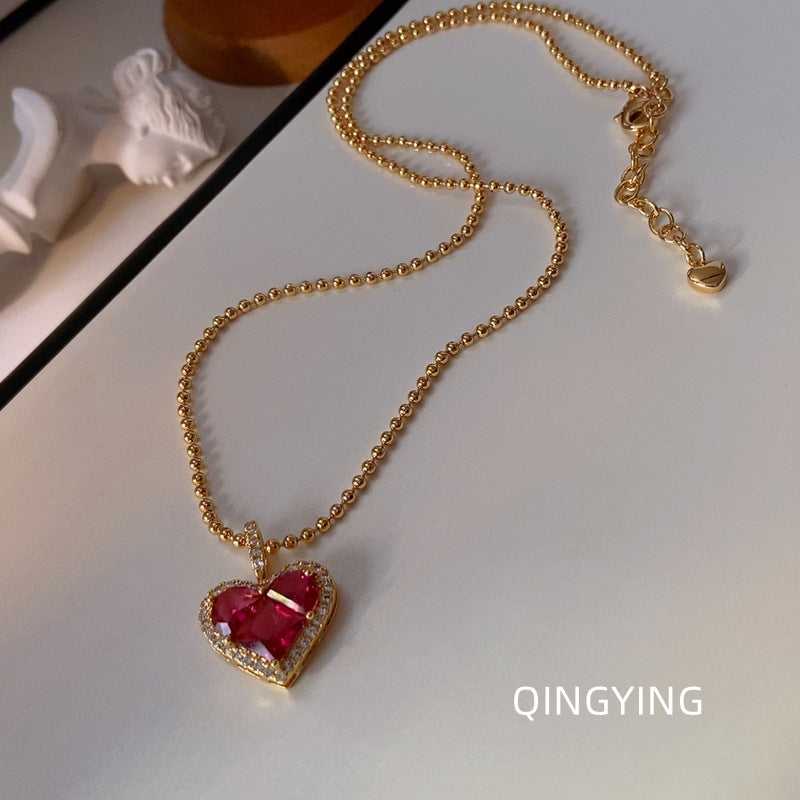French Luxe Red Heart Pendant Necklace – Dainty Glamour with Full Rhinestones accessories