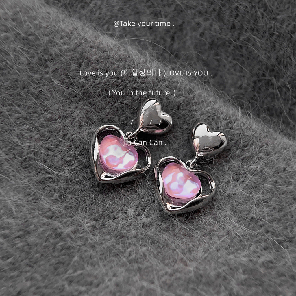 Iridescent Pink Heart Drop Earrings – French Sweet Chic with Edgy Twist accessories