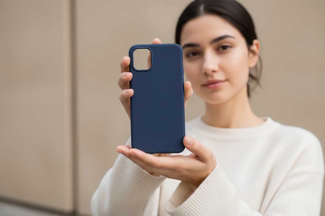 一个女人手里拿着纯色手机壳