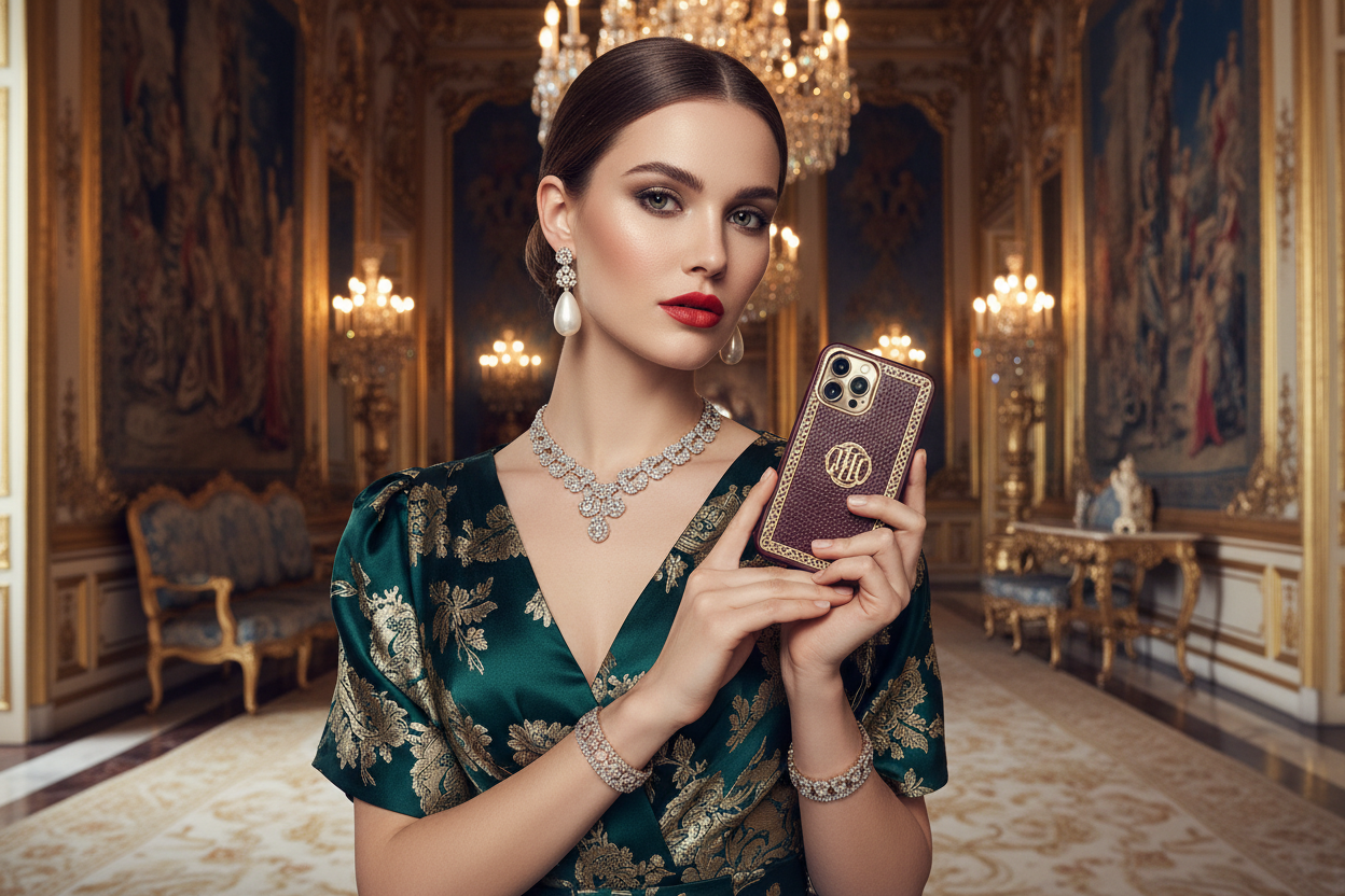 奢华欧洲女人手里拿着奢华手机壳
