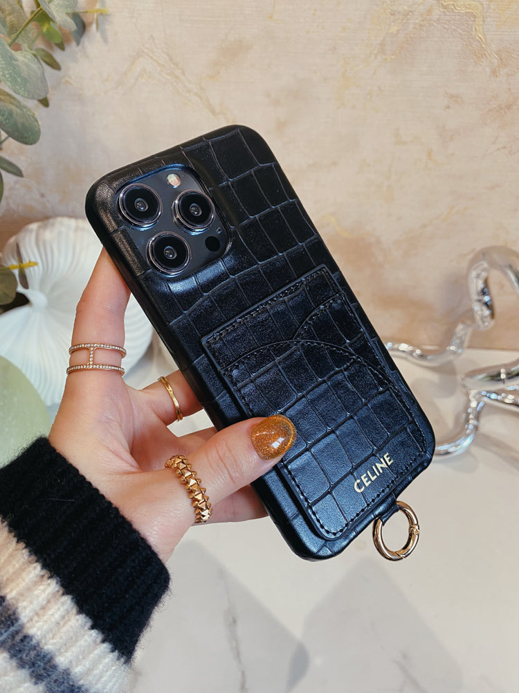 قاب آیفون Celine چاپ تمساح با جای کارت و بند Blcak -EYP241415