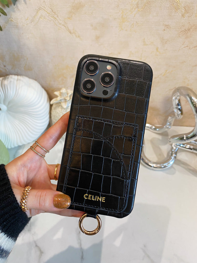 قاب آیفون Celine چاپ تمساح با جای کارت و بند Blcak -EYP241415