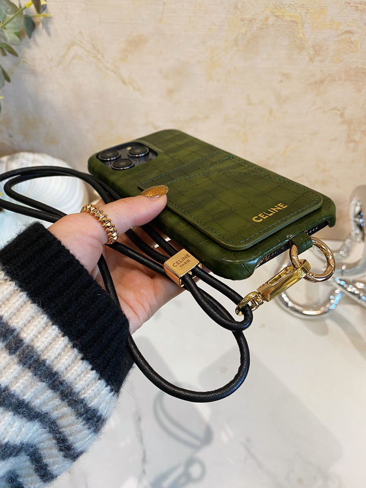 قاب آیفون چاپ تمساح Celine با جای کارت و بند سبز -EYP241415