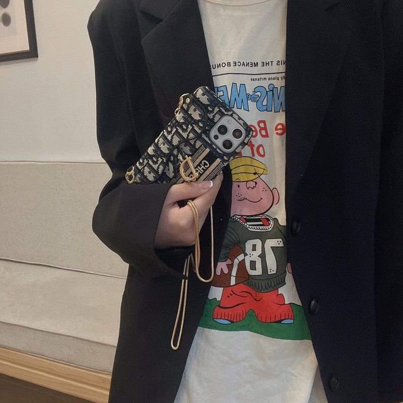 CD fekete és szürke szövet kártyatáska Crossbody iPhone tok